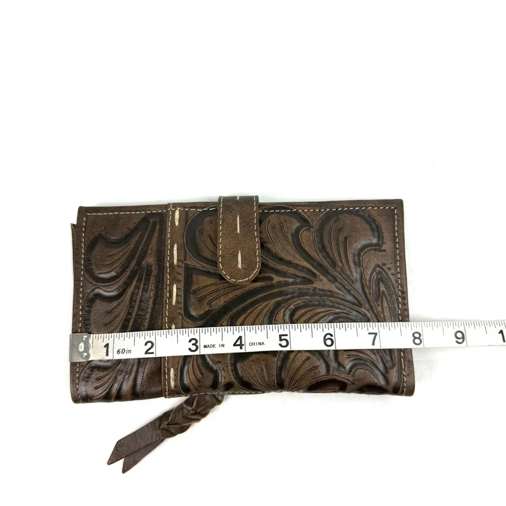 Leaders In Leather Wallet Handmade Tooled Wildflower‎ Design Brown Brand New